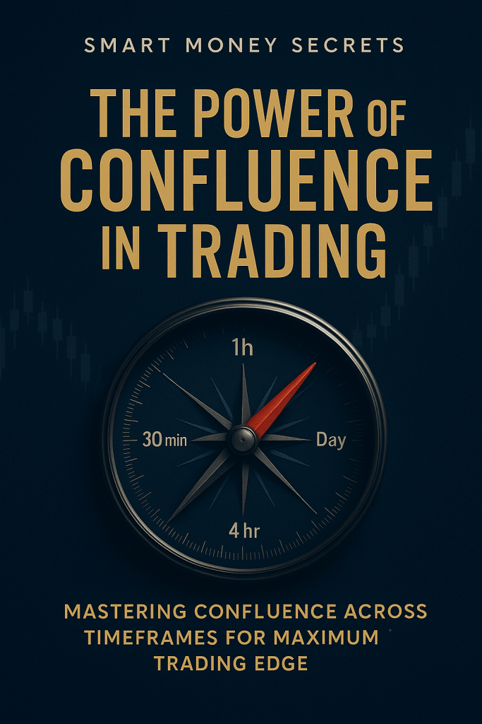 A compass with timeframe markings (30 min, 1h, 4h, Day) representing confluence in trading, highlighting how aligning multiple timeframes strengthens market entries.