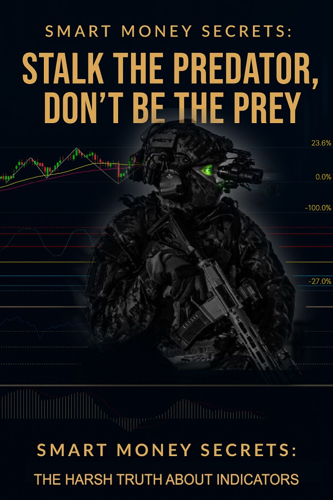 Special forces soldier overlayed on trading charts with Fibonacci levels, symbolizing the deceptive nature of indicators used by smart money.