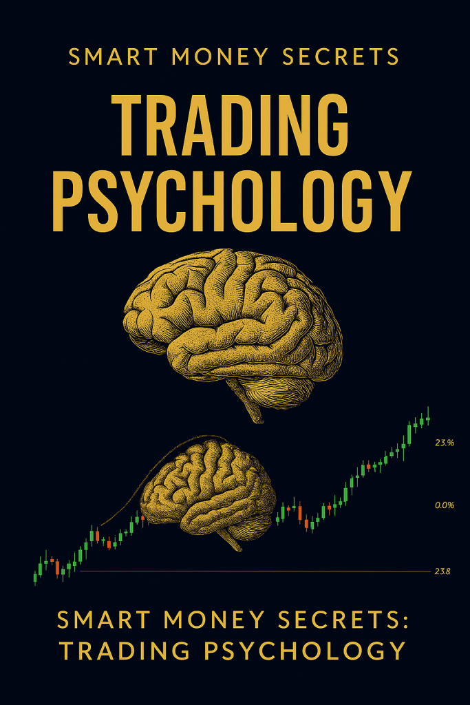 Two illustrated human brains over a candlestick chart with Fibonacci levels, representing the mental and emotional challenges of trading psychology.