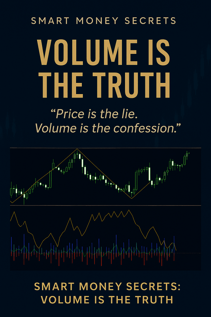 Trading chart showing volume and price action divergence, highlighting the principle that volume reveals the true market intent.