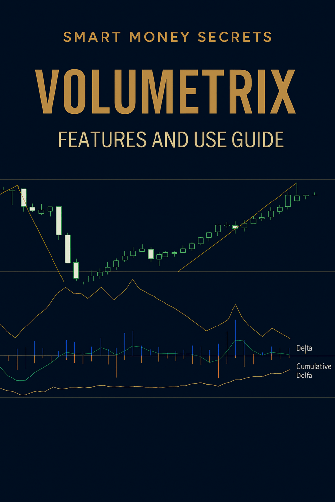 Detailed chart displaying Volumetrix indicator features, including delta and cumulative delta lines for analyzing volume-based market shifts.

