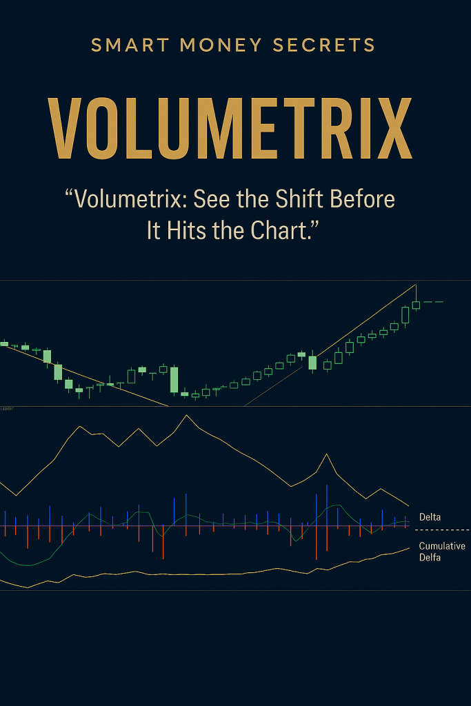 Trading chart showing delta and cumulative delta lines from the Volumetrix indicator, highlighting early volume shifts before price moves.

